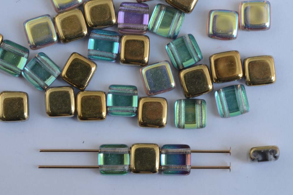 25 Czech Glass 2-Hole 6mm Tile Beads - Crystal Golden Rainbo
